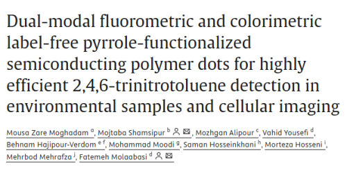 Dual-modal fluorometric and colorimetric label-free pyrrole-functionalized semiconducting polymer dots for highly efficient 2,4,6-trinitrotoluene detection in environmental samples and cellular imaging