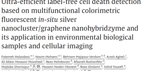 Ultra-efficient label-free cell death detection based on multifunctional colorimetric fluorescent in-situ silver nanocluster/graphene nanohybridzyme and its application in environmental biological samples and cellular imaging