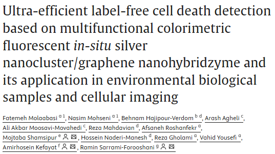 Ultra-efficient label-free cell death detection based on multifunctional colorimetric fluorescent in-situ silver nanocluster/graphene nanohybridzyme and its application in environmental biological samples and cellular imaging